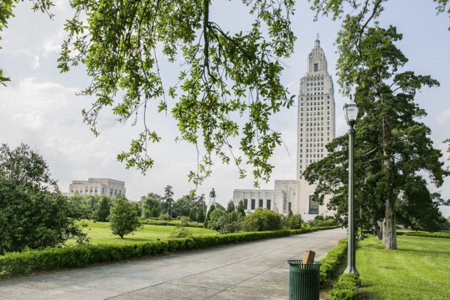 view of Baton Rouge skyline from a park