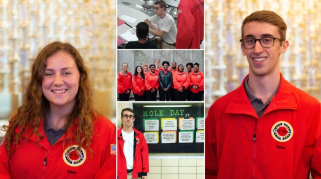 a collage of photos from service: a team of AmeriCorps members, An americorps member sitting at a desk with a student, and portraits of Sally and Ryan