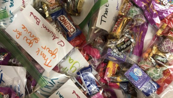 Small bags of cansy with hand-written notes of appreciation