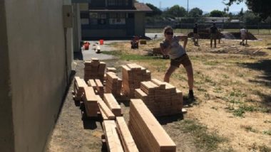 AmeriCorps Member stands next to piles of wood organized by cut length.