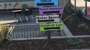 Post with directional signs. Top sign is blue with office, next is purple sign with for the parent resource room. Third is a white sign for the maker space. The bottom sign is green and is for the outdoor lab.