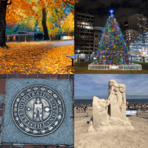 A four-picture collage: top right is a photo of a sidewalk covered in orange and yellow leaves that faces a lake with trees along the walkway. Top right is tree lit up with blue, green, and red lights and topped with a blue star. The tree is surrounded by a small white picket gate. Bottom left is the marker for the Freedom Trail in Boston. Bottom right is the sand sculpture of a woman leaning against a Roman style column. There are people in the background of the photo and beyond them the Atlantic Ocean. 