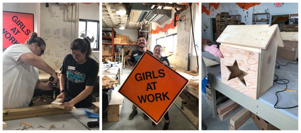 City Year making little libraries at Girls at Work