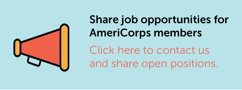 Icon of a megaphone with the text to share job opportunities with graduating AmeriCorps members. 