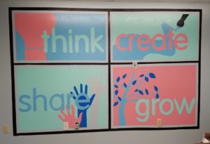 Mural divided into four sections. The top left has think with a lightbulb. The top right says create with paint brush and paint trail. The bottom left has the word share with several hands painted in. The bottom right says grow with a tree.