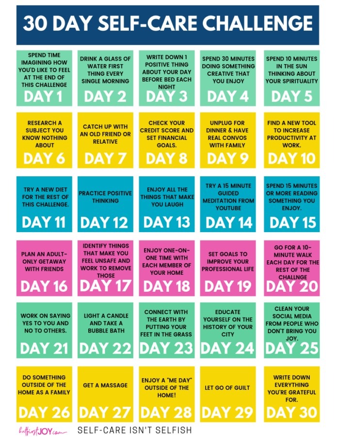 30 day self-care challenge with 30 days of suggested ways to self-care