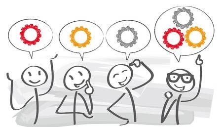 Four stick figures with speech bubbles over their head. The three figures on the left have one cog and the figure on the right combines the cogs from the other three stick figures into their speech bubble.