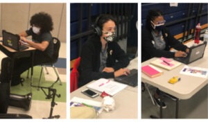 A series of photos showing City Year AmeriCorps members working at computers and supporting distance learning in the online classroom