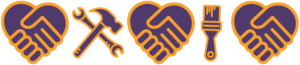 Hearts, hands, paintbrush, and tools graphic