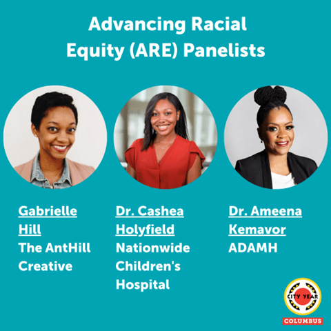 advancing racial equity panelists Gabrielle Hill, Dr. Cashea Holyfield, and Dr. Ameena Kemavor