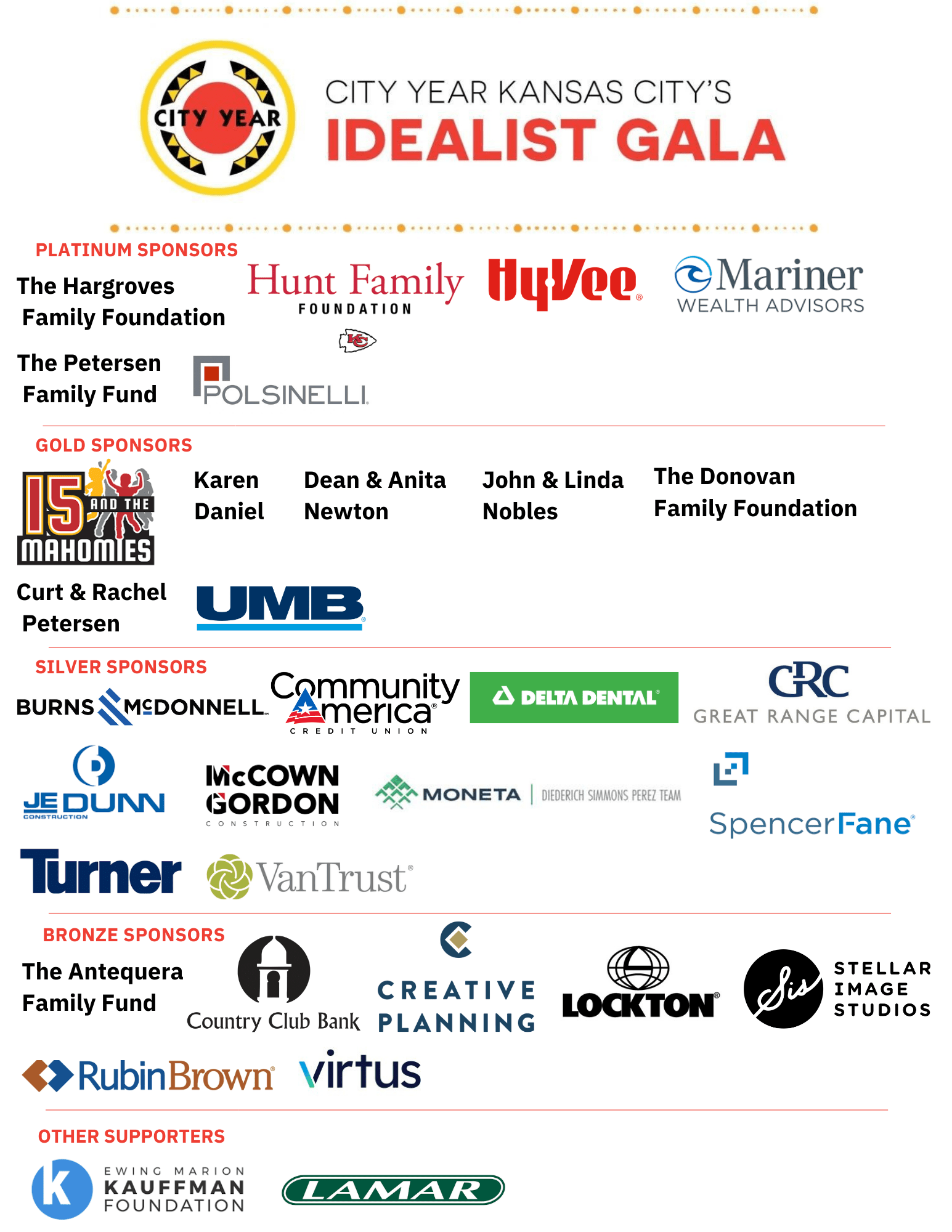 sponsor list for City Year Kansas City's 2023 Idealist Gala