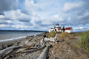 people standing and sitting among driftwood along a grassy shoreline, with a white and red lighthouse in the middleground at Discovery Park in Seattle