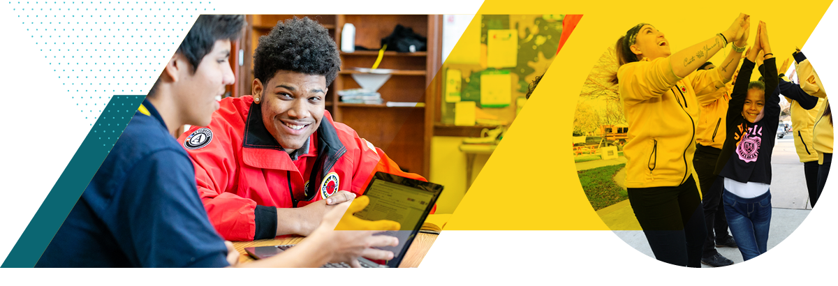 Photo of a City Year AmeriCorps member at a desk with a student, a large bright yellow parallelogram, and a photo of a team of corps members greeting a young student to school with enthusiasm
