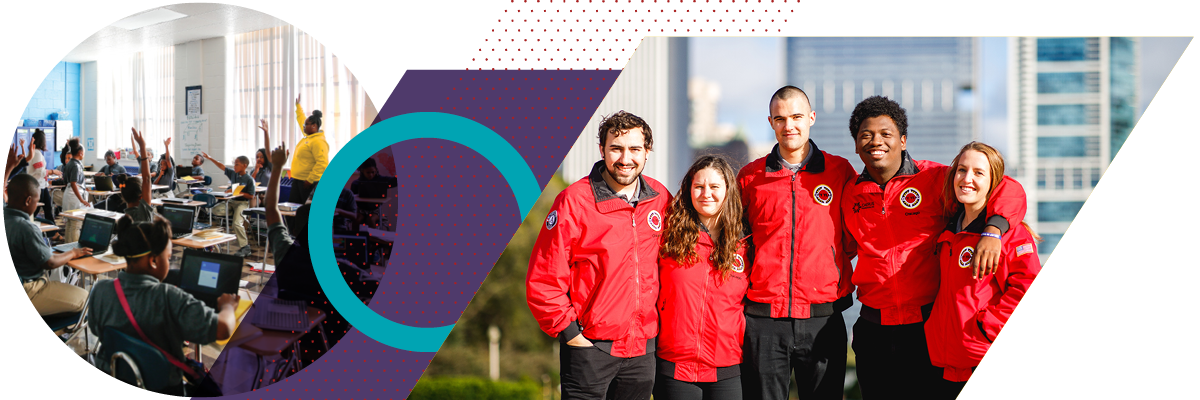 Garnet red dots in a diagonal patterm, a lagoon blue ring graphic, and a photo of five City Year AmeriCorps team members smiling for the camera in front of a city skyline