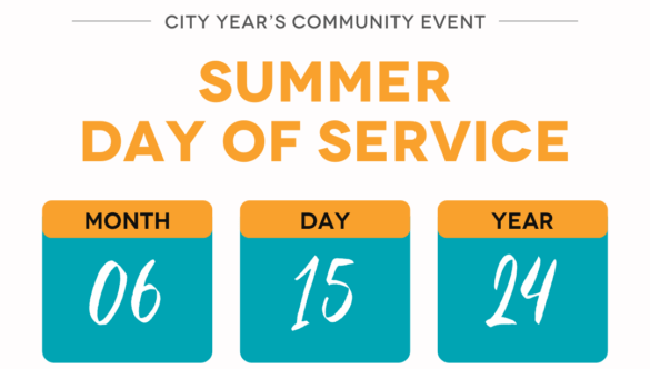Seattle Summer day of service graphic with date, time, location. June 15, 2024 from 10 am -12 pm at Aki Kurose Middle School