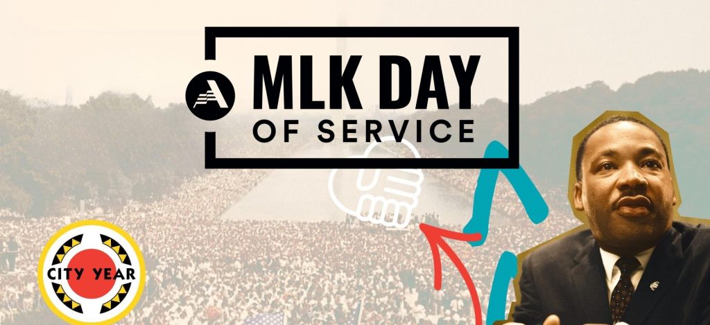 MLK Day of Service header graphic with Dr. Martin Luther King Jr., a crowd at the National Mall, and the City Year logo